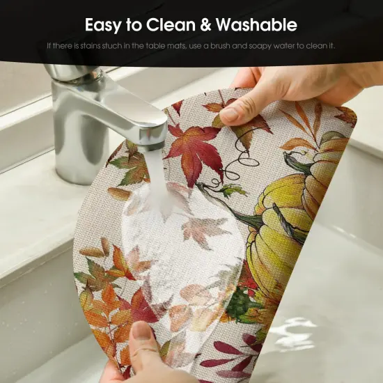 Set of 4 Pumpkins Maple Leaves Vinyl Round Fall Placemats - 14 Inch (Beige) {3}