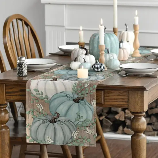 Pumpkins Eucalyptus Leaves Fall Table Runner - 13x72 Inch (Wood-Blue) {3}