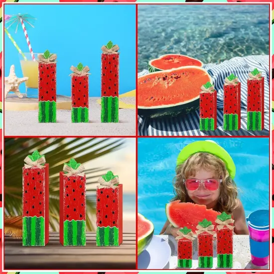 3 Pcs Watermelon Table Decor Watermelon Tiered Tray Decor Wood Summer Block Sign Rustic Farmhouse Wooden Tabletop Centerpieces for Summer Decorations Home Shelf Kitchen Office Desk Party {5}