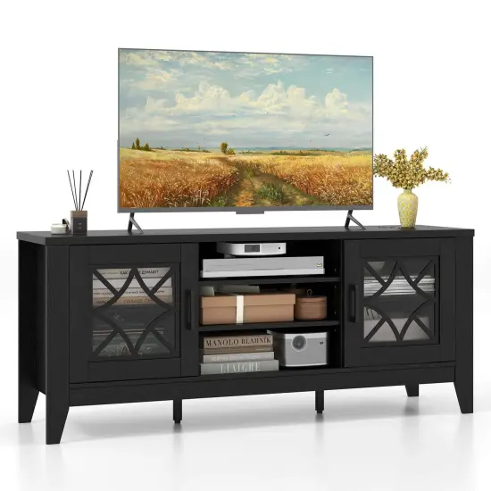 Costway TV Stand for TVs up to 65" with 3-Position Adjustable Shelves Tempered Glass Doors Black/Teal Blue {7}
