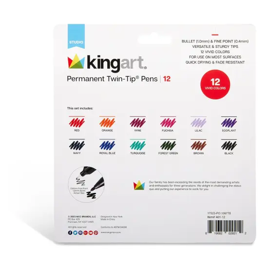 KINGART&reg; Permanent Twin-Tip&trade; Pens 12 Colors {5}
