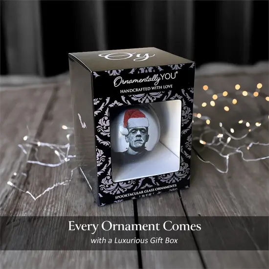 Frankenstein Christmas Spooky Portrait Glass Ornament, Black Horror Halloween Tree Decoration {2}