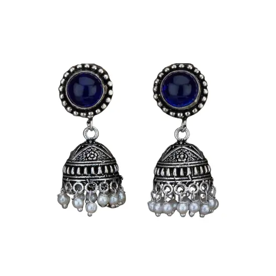 Indian Oxidized Jhumka Earrings for Women - Indian Oxidized Bell Tassel Jhumki Ethnic Chandbali Earrings Faux Pearls with Oxidized Platting Bollywood Style Dangle Earring Jewelry for Bride Assorted {8}
