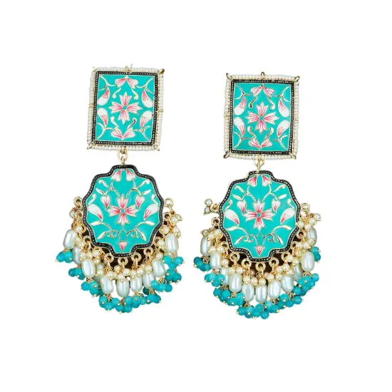 Oversized Indian Jhumka Earrings &ndash; Square Stud Jhumki, Ethnic Chandbali with Floral Print & Faux Pearls &ndash; Bollywood Dangle Jewelry for Women, Bride & Birthday Gift GREY {6}