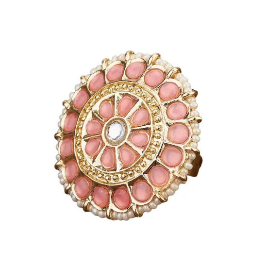 Kundan Pearl Ring with Gold Plating Vintage Round Statement Ring for Women Boho Open Wrap Finger Rings Adjustable Indian Bollywood Jewelry Hand Accessories for Wedding Party Gift Pink {1}