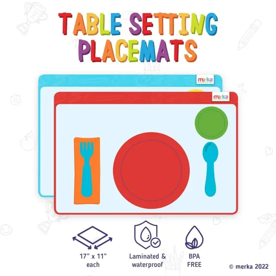 merka Montessori Placemats for Toddlers - 2 Pack Silicone Educational Placemats for Kids with Non-Slip Back - Learn Table Setting, Manners, and Etiquette, Reusable and Washable, 17 x 11 In {2}