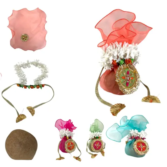 Decorative Dried Coconut Cover Traditional Nariyal Fabric Cloth with Golden Ribbon for Ganesh Pooja, Wedding, Gruh Pravesh Temple Pooja Decor Housewarming Gift Blue {4}