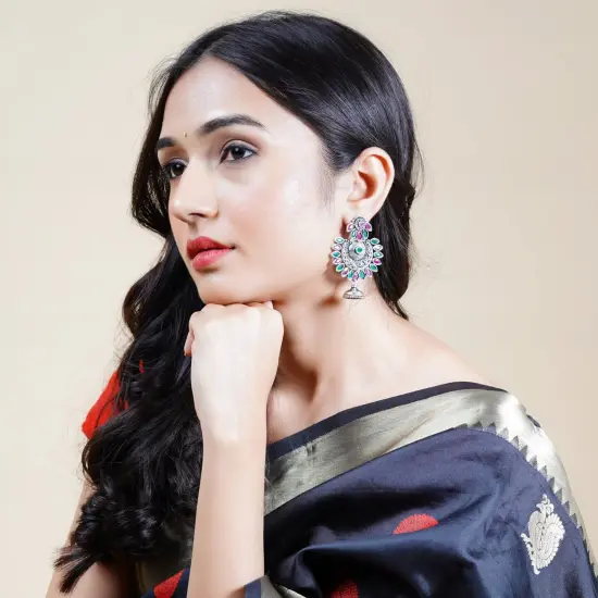 Indian Oxidized Jhumka Earrings for Women - Indian Oxidized Bell Tassel Jhumki Ethnic Floral Chandbali Earrings Faux Pearls Bollywood Style Dangle Earring Jewelry for Bride Gift for Her Ruby Green {3}