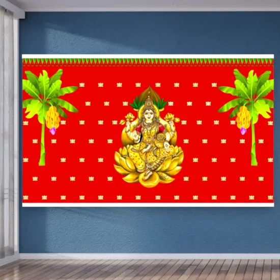 Goddess Laxmi Backdrop 5x8 Feet Indian Traditional Cloth Varalaxmi Vratam Decor Indian Diwali Decor Pooja Wall Decor Indian Wall Art Photo Decor Banner Decorative Cloth Navratri Decor {5}
