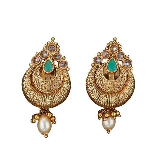 Indian Ethnic Earrings for Women - Traditional South Indian Stud Earrings Gold Plated Vibhati Jhumkas Faux Kundan Dangle Drop Earrings in Gold Tone Ear Jewelry for Bride | Gift for Her RUBYGREEN {6}