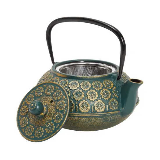 Green Floral Cast Iron Teapot Kettle with Stainless Steel Loose Leaf Infuser (34 oz) {6}