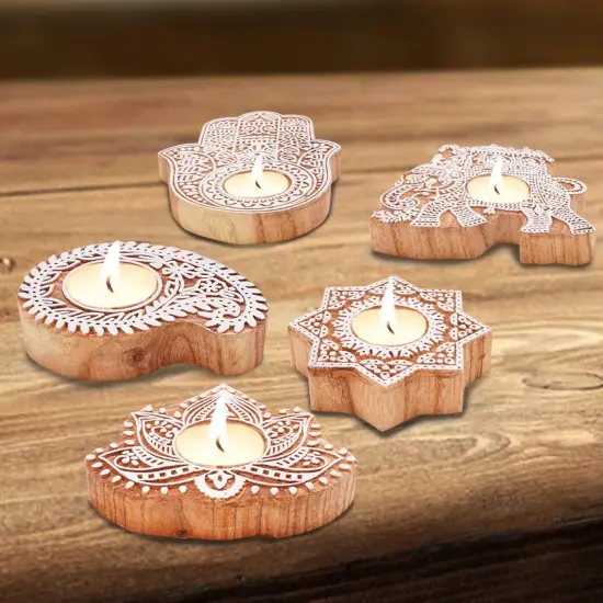 Wooden Block Print Tea Light Candle Holders for Diwali Handmade Tlight for Deepawali Decoration Items Designer Diya Deepam for Goddess Worship Housewarming Gifts (hamsa/paisley/star/lotus) {5}