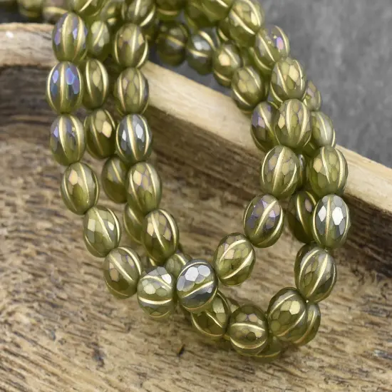 *20* 8mm Gold Washed Matte Olivine Luster Faceted Round Melon Beads {5}