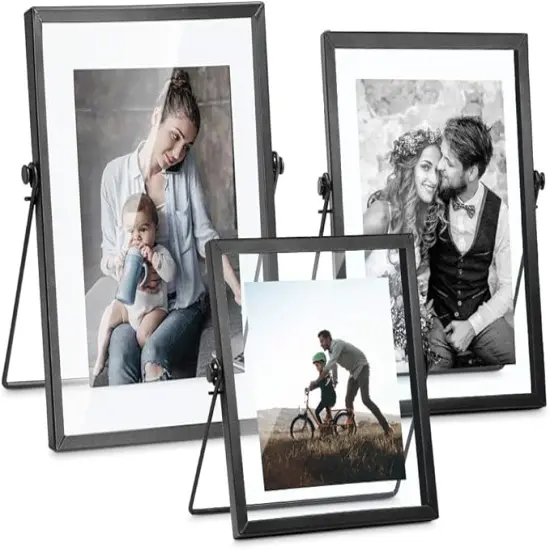 Set of 3 Glass Picture Frame, Collection Simple Metal Floating Frame with Glass Cover Includes 4x4, 4x 6, 5x7 {1}