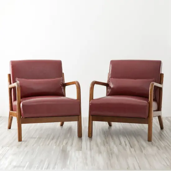 Set of 2 30.75"H Mid-Century Modern PU Leather Armchair Accent Chairs with Pillow Burgundy {3}