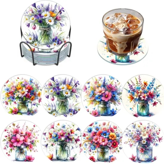 Diamond Painting Coasters Kits with Holder, Colorful Flowers Diamond Art Coasters for Adults Beginners 5D DIY Diamond Coasters, Diamond Art Painting Kits Craft Supplies {1}