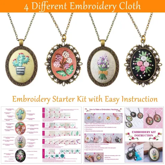 4 Packs Embroidery Kit for Beginners, Shynek 26 Pcs Mini Cross Stitch Kits includes Stamped Embroidery Clothes with Flowers Pattern Embroidery Necklace Pendant Embroidery Hoops and Necklace Chains {4}