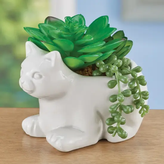 Collections Etc Faux Succulent Arrangement in White Ceramic Cat Pot {1}