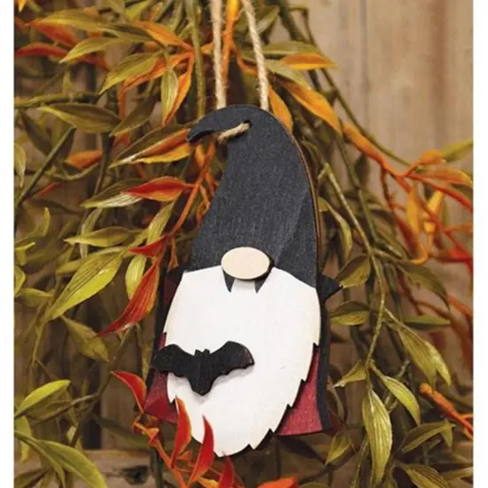 Halloween Wooden Vampire Gnome Ornament with Dimensional Bat and Natural Jute Rope Hanger {2}