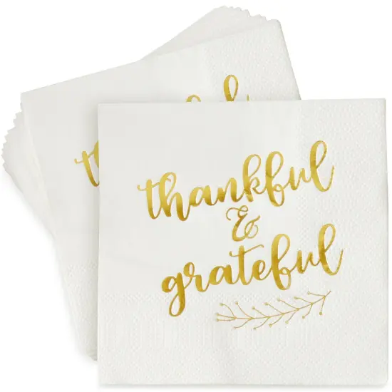 50 Pack Thanksgiving Cocktail Napkins Party Supplies Table Decorations, Thankful and Grateful (5 x 5 In) White {1}