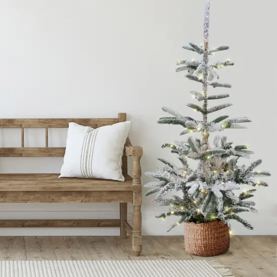 Northlight Real Touch&trade;️ Pre-Lit Slim Flocked Nordmann Fir Artificial Christmas Tree - 6.5' - Warm Clear LED Lights Green {1}