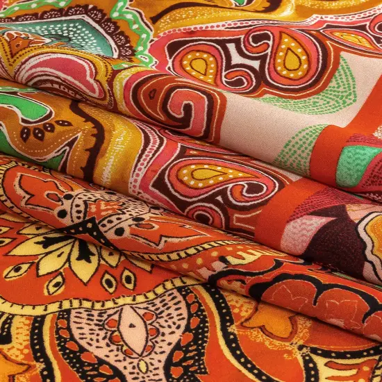 1 Yard Vibrant Green, Red and Orange Floral Tile Silk Charmeuse Fabric 53 inch Width {3}