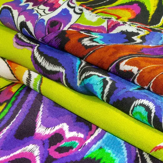 1 Yard Italian Lime Green, Blue and Purple Butterfly Wings Silk Charmeuse Fabric 52 Inches Wide {3}