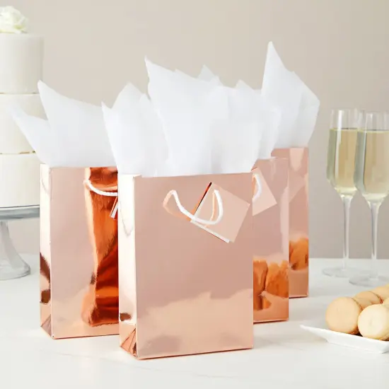 20-Pack Small Metallic Gift Bags with Handles, 5.5x2.5x7.9-Inch Paper Bags with Foil Coating, White Tissue Paper Sheets, and Tags for Small Business (Rose Gold) {2}