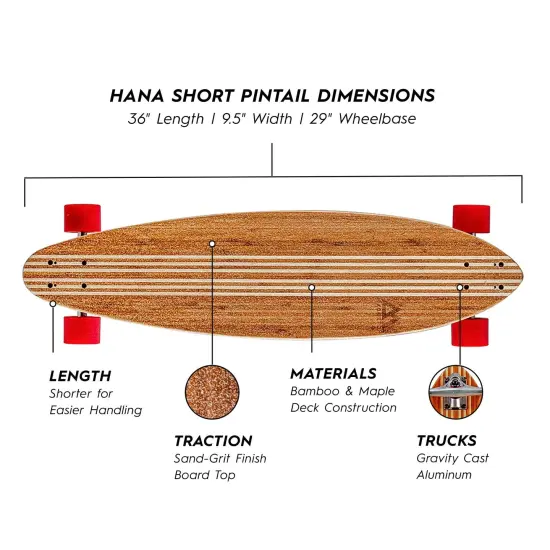 Magneto Hana Longboard Collection | 36" x 9.5" | Pintail Longboard Skateboard | Bamboo with Hard Maple Core | for Cruising, Carving, Dancing | Free Skate Tool | Short Pintail Brown {2}