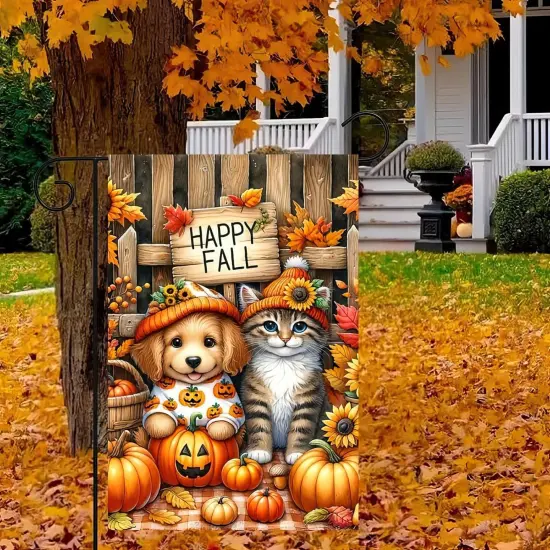 Happy Fall Pumpkin Garden Yard Flag 12x18 Inch(Fall Dog Cat) {4}