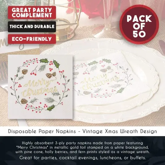 Juvale 50 Pack Merry Christmas Paper Cocktail Napkins for Holiday Party Supplies, Wreath with Gold Foil Design - 5 x 5 Inches White Napkins for Christmas Party {4}