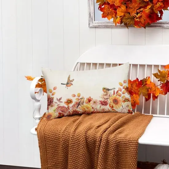 Autumn Bird Floral Decor Thanksgiving Harvest Lumbar Farmhouse Cushion Case Decoration {2}