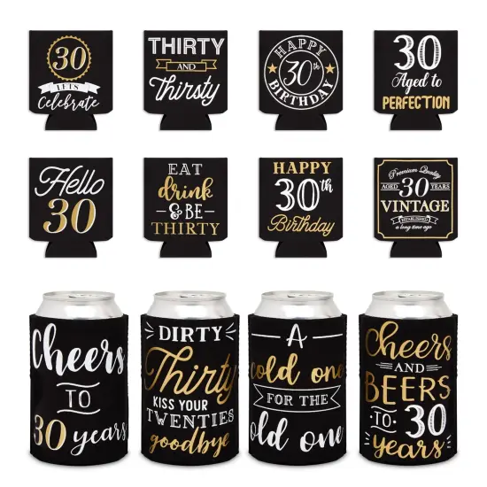 12-Pack Can Cooler Sleeves, 12 Assorted Designs Insulated Neoprene Holder Party Supplies - 30th Birthday Black {1}