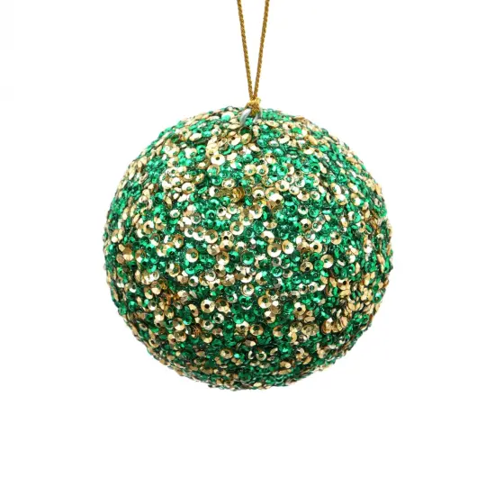 Sequins Lac Ball Hanging Ornament - Green & Gold - 4" {4}