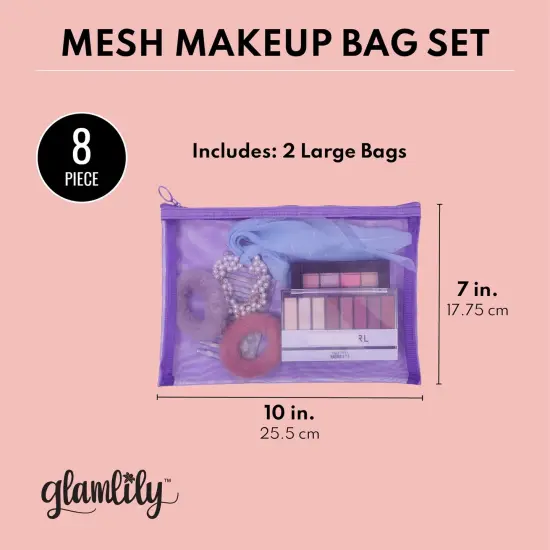 8-Piece Purple Mesh Makeup Bag Sets for Traveling, Overnight Trips, Weekender, Cosmetic Storage Holder, Pencil Organizer Pouch with Zipper, 2 Large, 2 Medium, and 4 Small Bags {3}
