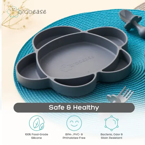Grabease Baby Feeding Set - Silicone Plates, Bowls, and Suction Plates for Baby-Led Weaning and Portion Control - Suction Bottoms 4 Piece Set, BPA and Phthalates-Free, Gray Grey {5}