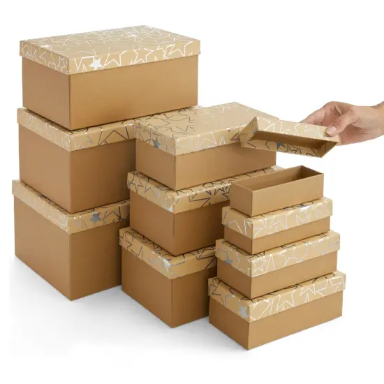 Set of 10 Nesting Gift Boxes with Lids, Cardboard Box with Silver Foil Star Designs (10 Sizes) Brown {5}
