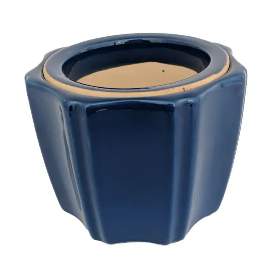 Octagon Self Watering Glazed Ceramic Pot - Blue - 5 1/4 x 4 1/4" {1}