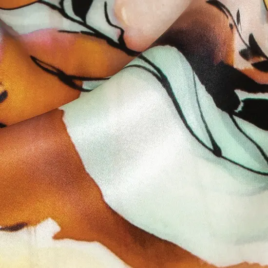 1 Yard Silk Charmeuse Blue Gray Harvest Pumpkin Yellow Floral 53 Inches Wide {2}