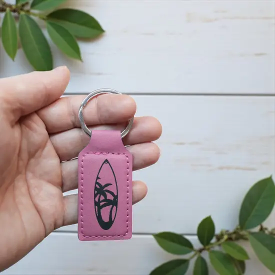 Keychain - Rectangle - Palm Tree Surfboard - Leather Black/Silver {7}