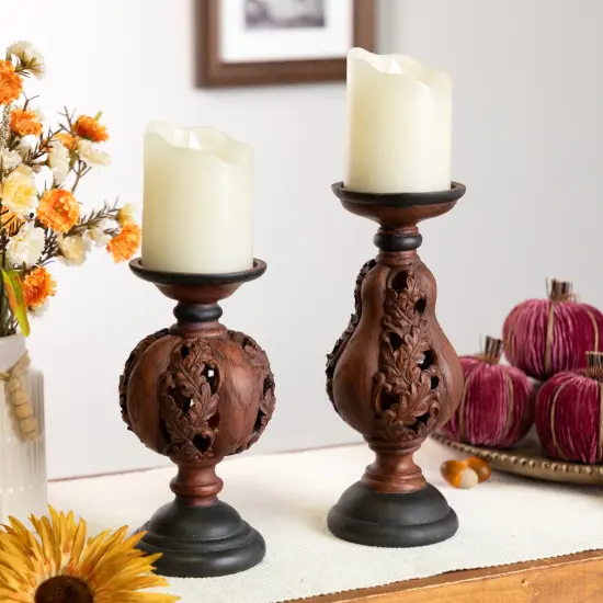 Melrose Carved Leaf Fall Harvest Pumpkin and Squash Pillar Candle Holders - 10" - Set of 2 Brown {1}