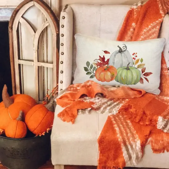 Autumn Maple Leaf Thanksgiving Lumbar Cushion Case Decoration for Home Living Room Orange Green {6}