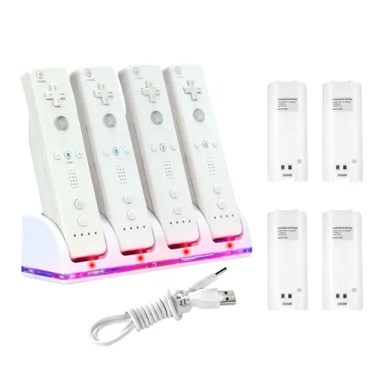 For Nintendo Wii U Quad Remote Controller Charger Charging Dock Station + 4x Rechargeable Replacement Battery Pack Accessories Bundle, White {1}