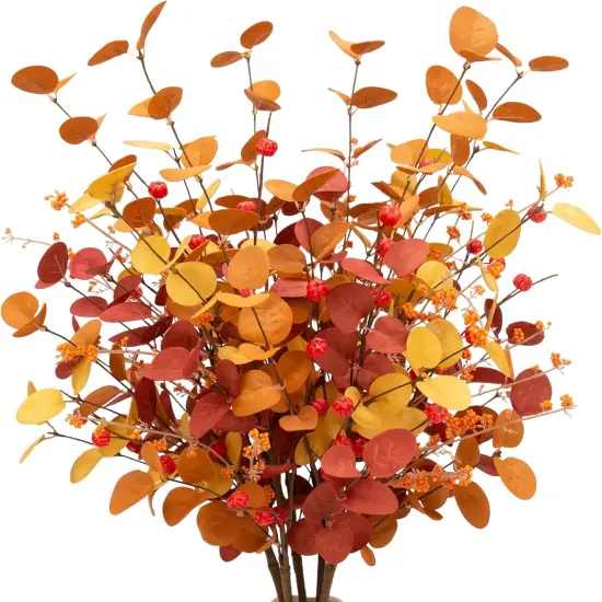 6 Pcs Aritificial Fall Eucalyptus Stems - Mixed Leaves With Berries {1}