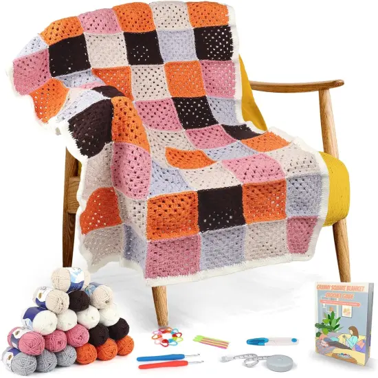 Granny Squares Crochet Blanket Kit for Beginners Easy Crochet Starter Kit with Enough Yarn Detailed Instruction {1}