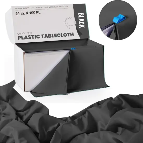 Exquisite Party Solids 54" x 100' Plastic Table Cover Roll with Slide Cutter &ndash; Cut-to-Size Dispenser Box &ndash; Makes Up to 36 Disposable 8' Rectangle Tablecloths Black {3}