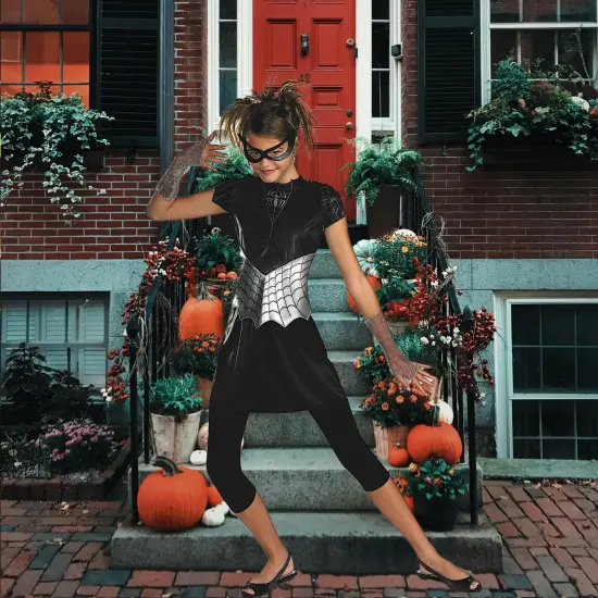 Teen Spider Girl Costume Black Dress With Silver Web And Eye Mask Set {1}