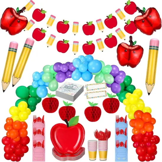 Pencil and Apple Shape Balloon Garland Arch Dinnerware Banner Honeycombs Bulk for First Day Welcome Back to School Party Classroom Decor {1}