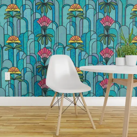 Non-Pasted Wallpaper 2FT Wide Bold Floral Abstract Geometric Stained Glass Blue Green Pink Yellow Flowers Traditional Wallpaper by Spoonflower {1}