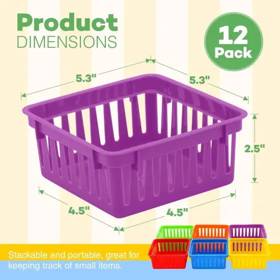 4E's Novelty 12 Pack Small Classroom Storage Baskets, Square 4.5" Sturdy Plastic Colorful Crayon & Pencil Container, Organizer Bins for Desk for Classrooms Supplies, Office, Toy Storage {2}